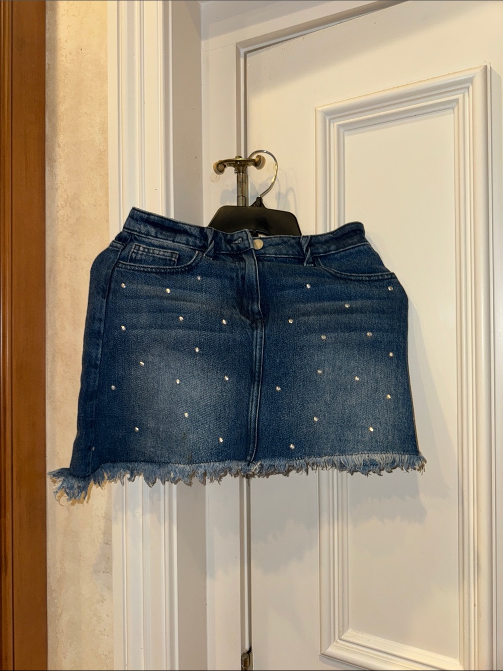 Dark Blue Denim Mini Skirt with Pearl Stud Embellishments